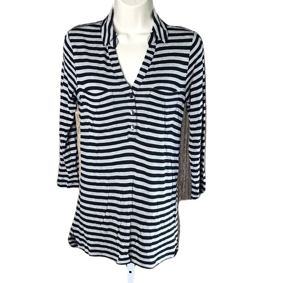 Liz Claiborne Collared Shirt Blouse ~ Sz S ~ 3/4 Sleeve ~ Black & Gray ~ Stretch - Picture 1 of 4